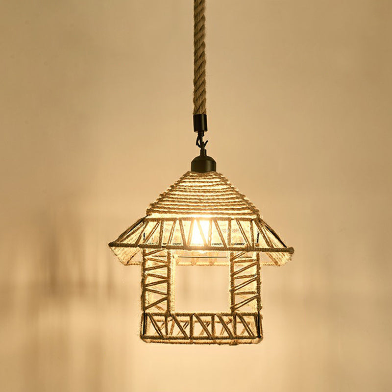 Hemp Rope Pendant Light - Antique 1-Light Fixture In Brown For Restaurants