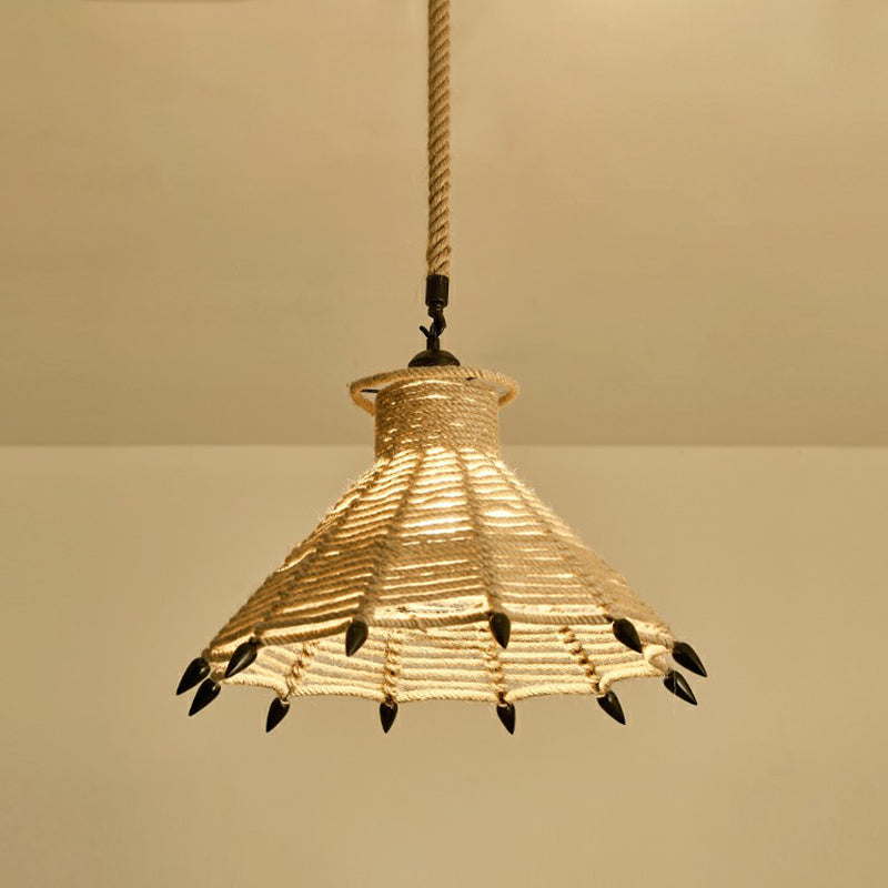 Hemp Rope Pendant Light - Antique 1-Light Fixture In Brown For Restaurants / E