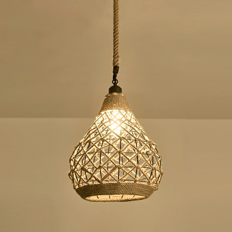 Hemp Rope Pendant Light - Antique 1-Light Fixture In Brown For Restaurants