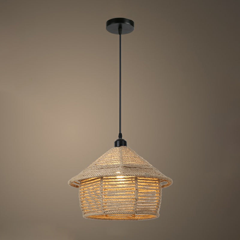 Rustic Hemp Rope Pendant Light Fixture In Brown - Vintage Wrapped Hanging Lamp With 1 Bulb / F