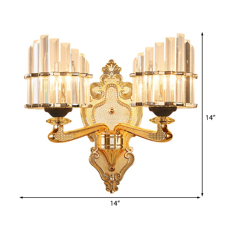 Modern Brass Crystal Block Wall Light Sconce With Carved Backplate