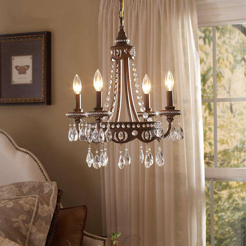 Nordic Metal Candle Chandelier: Rustic Hanging Light Fixture With Crystal Drop - 4 Lights