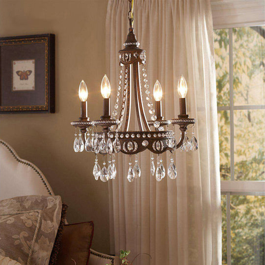Nordic Metal Candle Chandelier: Rustic Hanging Light Fixture With Crystal Drop - 4 Lights