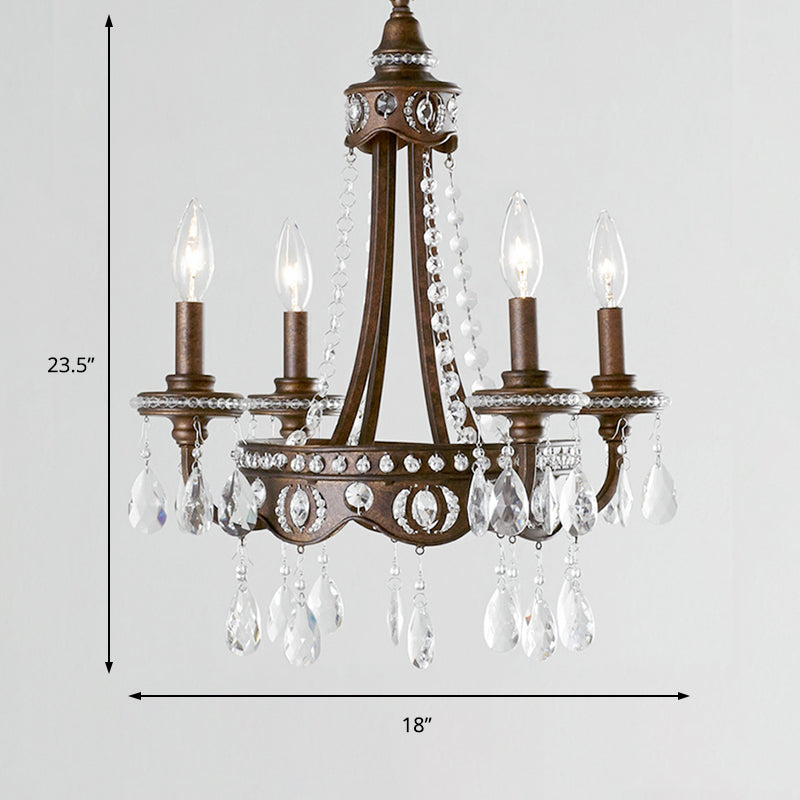 Nordic Metal Candle Chandelier: Rustic Hanging Light Fixture With Crystal Drop - 4 Lights
