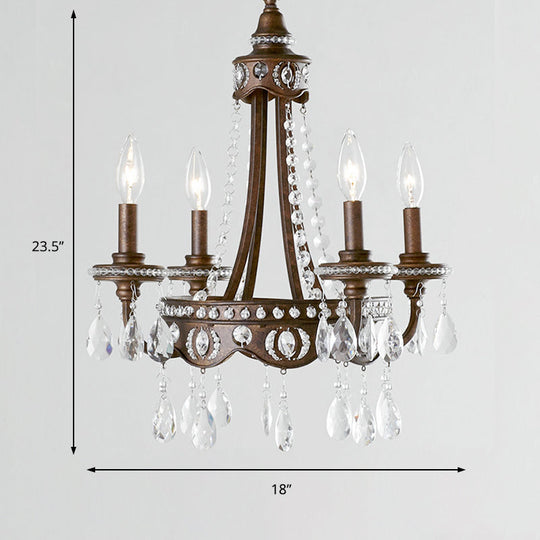 Nordic Metal Candle Chandelier: Rustic Hanging Light Fixture With Crystal Drop - 4 Lights