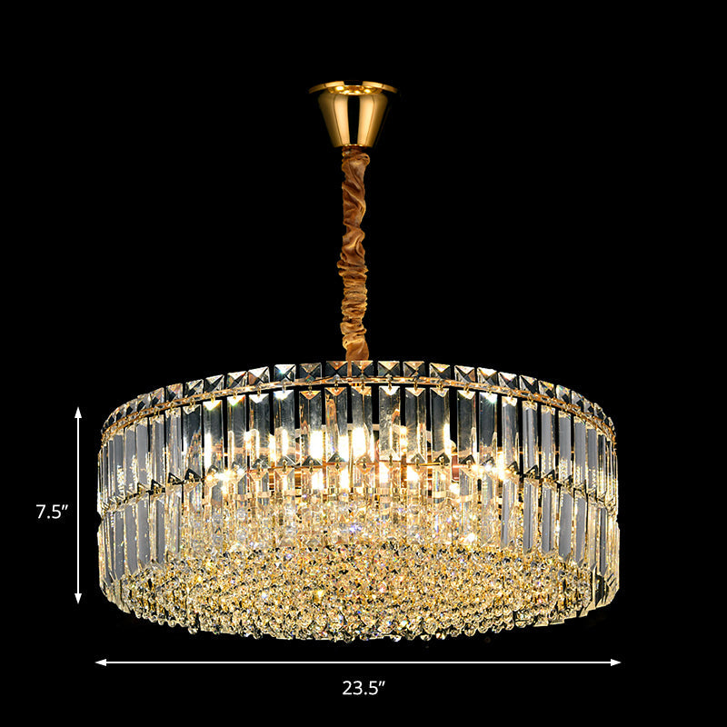 Contemporary Gold Drum Chandelier Light | 6/8 Lights Rectangular-Cut Crystal Ceiling Hanging