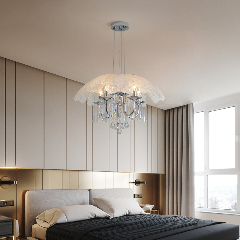 Contemporary Flower Chandelier - Textured Glass Shade 5-Light Chrome Ceiling Lamp With Crystal Drop
