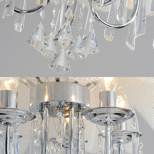 Contemporary Flower Chandelier - Textured Glass Shade 5-Light Chrome Ceiling Lamp With Crystal Drop