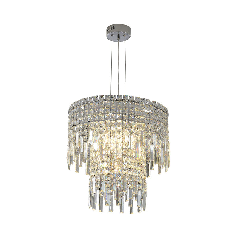 Modern Crystal Tiered Hanging Lamp - Clear Rectangular-Cut 4 Lights Silver Chandelier