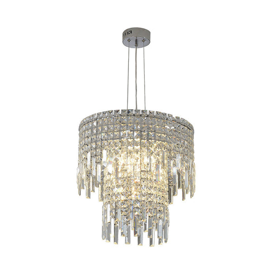 Modern Crystal Tiered Hanging Lamp - Clear Rectangular-Cut 4 Lights Silver Chandelier