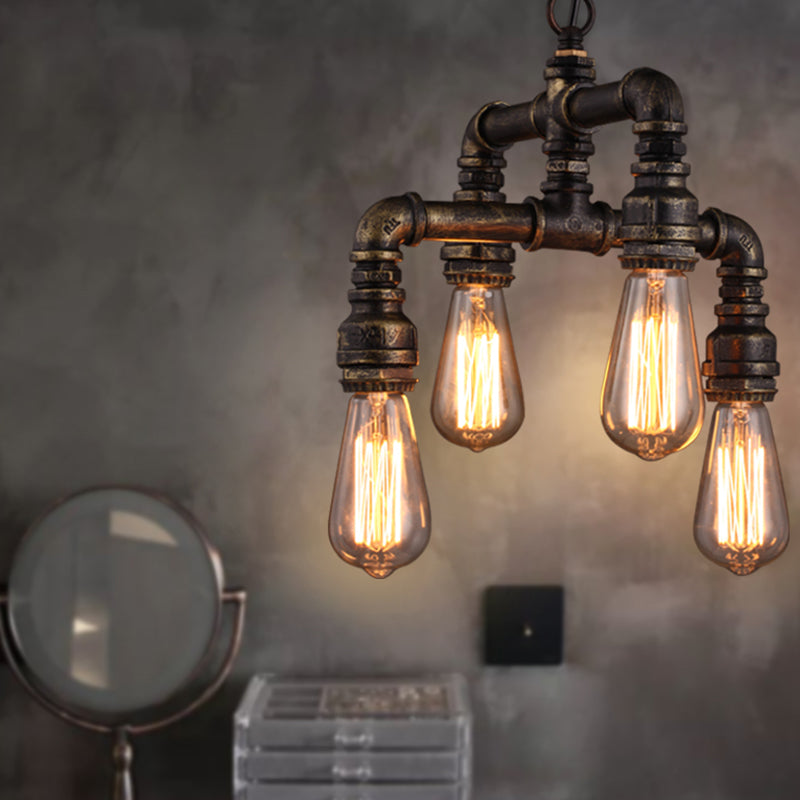 Rustic 4-Bulb Iron Pipe Chandelier Pendant For Industrial Plumbing Decor