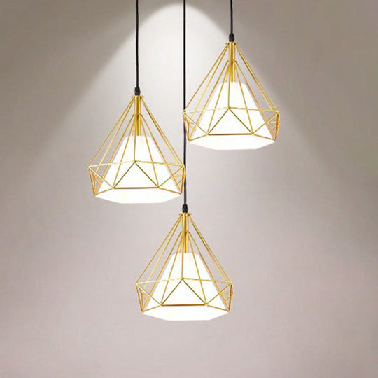 Industrial Diamond Cage Pendant Light With 3 Iron Heads - Stylish Lighting For Dining Room