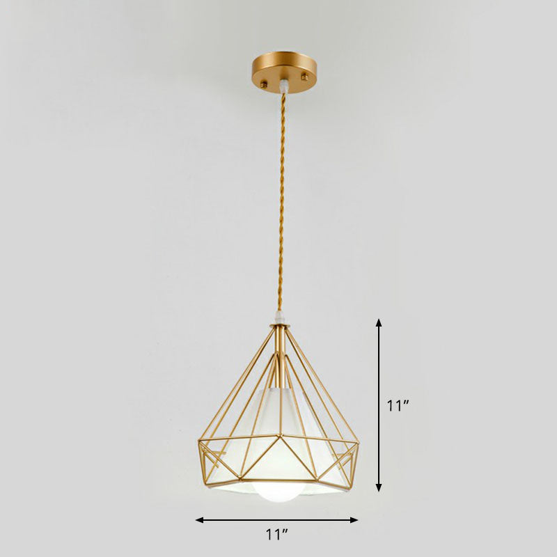 Diamond Cage Iron Pendant Light For Dining Room - Vintage Hanging Fixture Gold / White