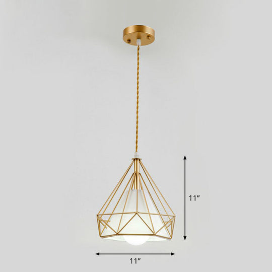 Diamond Cage Iron Pendant Light For Dining Room - Vintage Hanging Fixture Gold / White