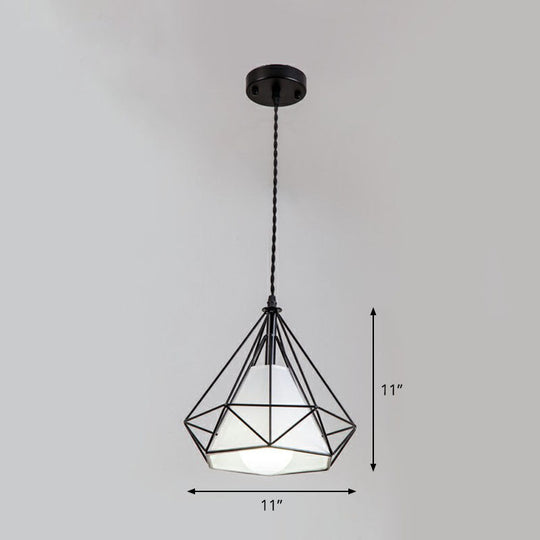 Diamond Cage Iron Pendant Light For Dining Room - Vintage Hanging Fixture Black / White