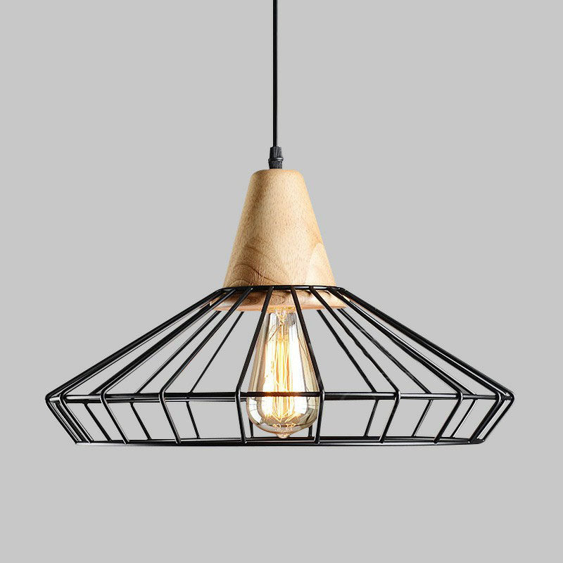 Antique Black Iron Pendant Light With Wooden Top - Rustic Hanging Fixture 1-Light