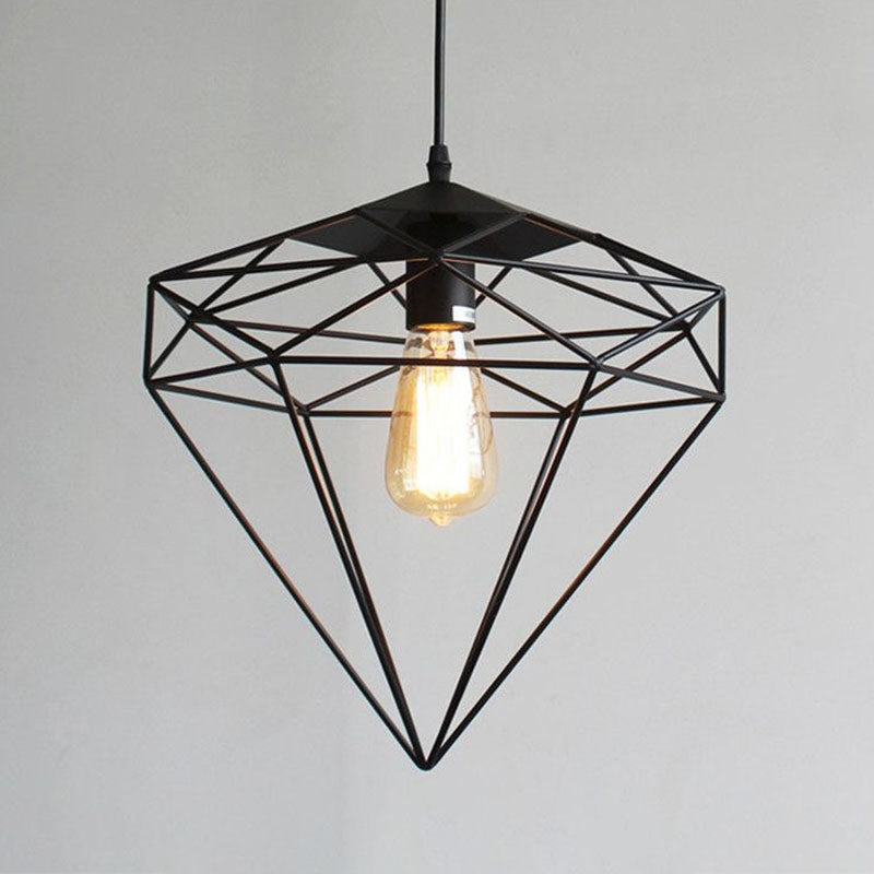 Retro Style Black Iron Gemstone Frame Pendant Ceiling Light For Restaurants - 1 Head Suspension