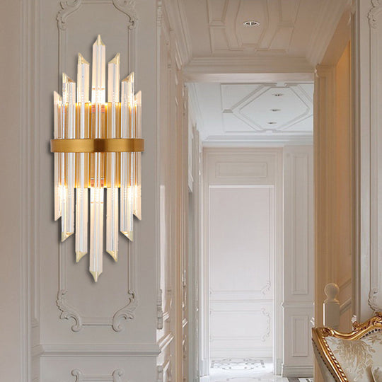 Modernist Clear Crystal Prism Wall Sconce With 2 Lights - Brass Finish