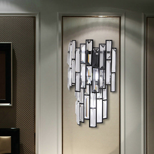 Contemporary Clear Crystal Block Led Wall Lamp In Sleek Black Finish - Ideal For Corridor Lighting