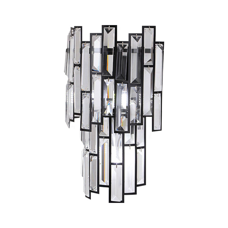 Contemporary Clear Crystal Block Led Wall Lamp In Sleek Black Finish - Ideal For Corridor Lighting