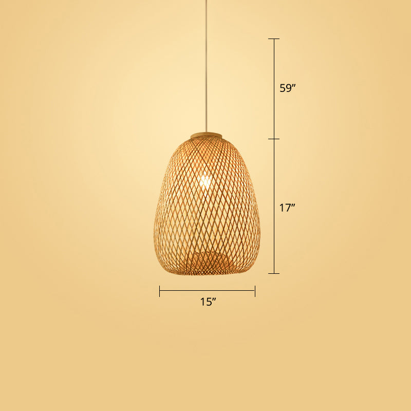 Woven Bamboo Pendant Light - Modern Single Wood Hanging Ceiling Fixture For Restaurants