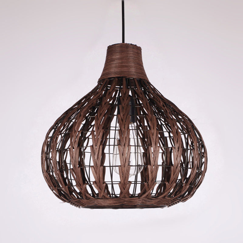 Shaded Onion Ceiling Light - Asian Style Rattan Restaurant Hanging Fixture