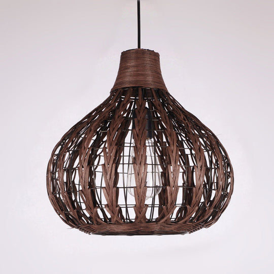 Shaded Onion Ceiling Light - Asian Style Rattan Restaurant Hanging Fixture