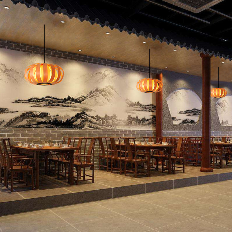 Modern Wood Pendant Light - Rounded Drum Shape Ideal For Restaurants