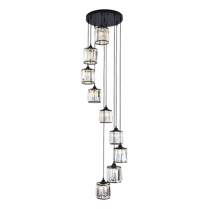 Modern Drum Pendant Crystal Staircase Lighting In Black - Multi Light & Tri-Prism Design