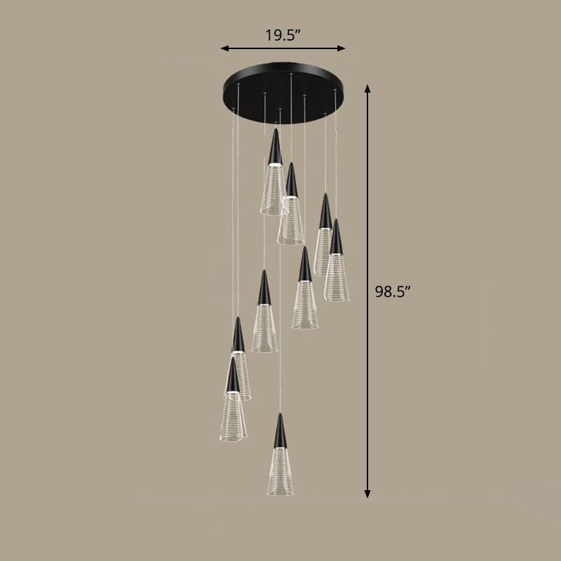 Spiral Conical Pendant Light For Modern Stairwells - Multi-Light Acrylic Hanging Fixture 9 / Black