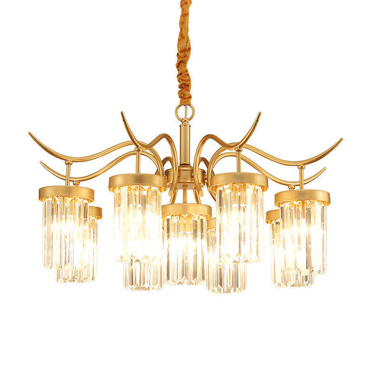 Modern Crystal Cylindrical Chandelier Light With Brass Finish - 7/9-Head Hanging Ceiling