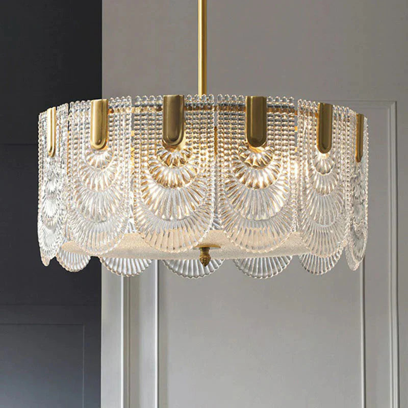 Round Brass With Ribbed Crystal Chandelier Pendant Light