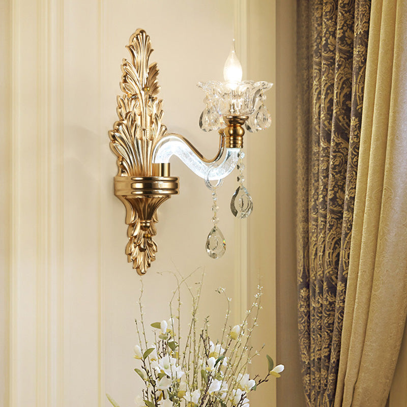Modernist Style Floral Wall Sconce With Clear Crystal 1/2-Light Fixture - Gold Light For Living Room