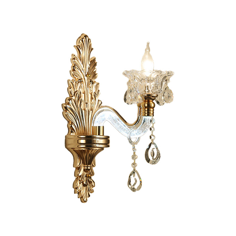 Modernist Style Floral Wall Sconce With Clear Crystal 1/2-Light Fixture - Gold Light For Living Room