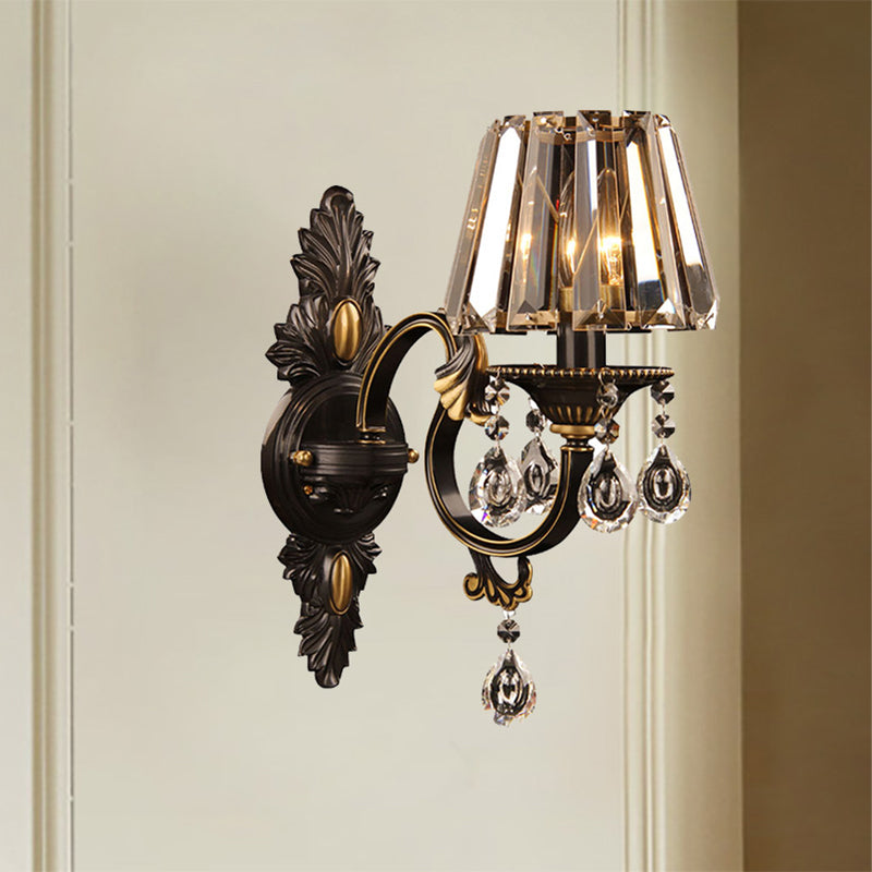 Contemporary Clear Crystal Conic Wall Sconce: 1-Bulb Black/Brass Finish Lighting For Corridor