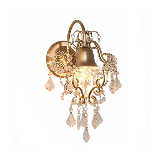 Vintage Golden Bell Wall Sconce With Clear Crystal Draping - 1 Light Fixture
