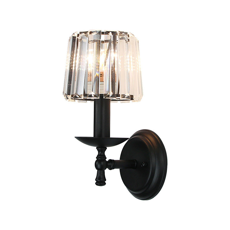 Modern Clear Crystal Wall Lamp: 1-Head Bedside Sconce Light In Black Curved/Straight Arm