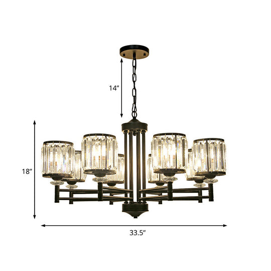 Retro Cylindrical Chandelier Pendant Light - Black Finish Crystal Accent Adjustable Chain 3/6/8
