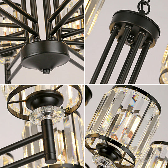 Retro Cylindrical Chandelier Pendant Light - Black Finish Crystal Accent Adjustable Chain 3/6/8
