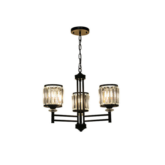 Retro Cylindrical Chandelier Pendant Light - Black Finish Crystal Accent Adjustable Chain 3/6/8