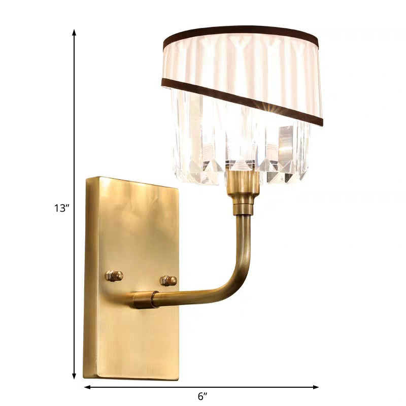 Contemporary Brass Cylinder Sconce With Crystal And Curved Arm Wall Mount Light