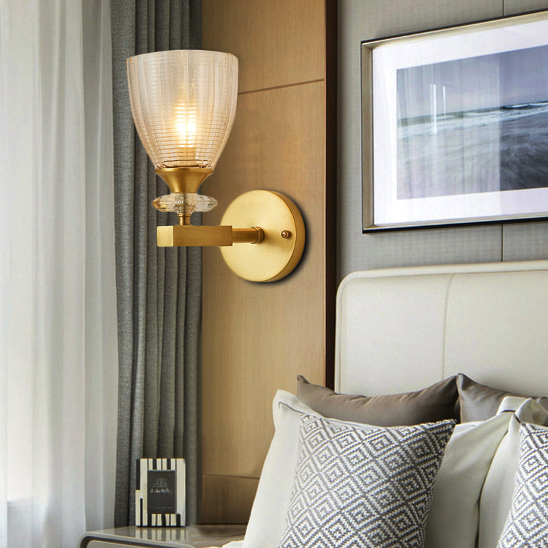 Minimalistic 1-Light Brass Flush Wall Sconce For Bedside - Crystal Tube/Cup/Flat Mounted Lamp