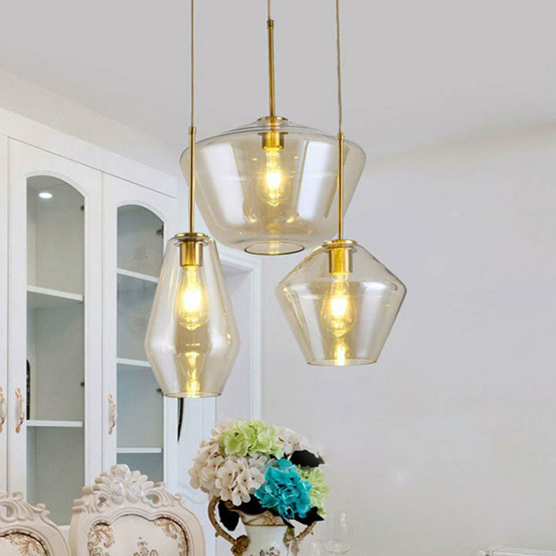 Postmodern Gemstone Glass Hanging Pendant Light - 3-Head Brass Cluster Fixture