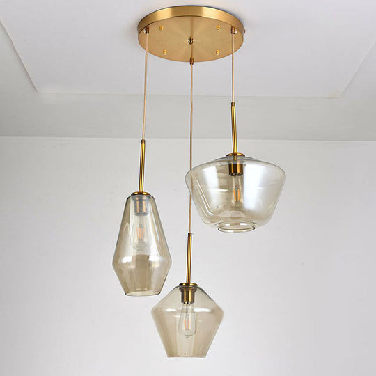 Diamond-Shaped 3-Bulb Gold Pendant Ceiling Light With Blown Glass
