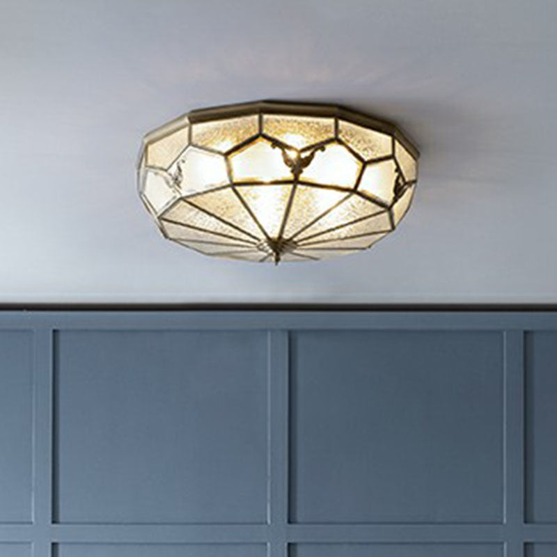 Vintage Brass Round Frosted Glass Flush-Mount Bedroom Ceiling Light Fixture