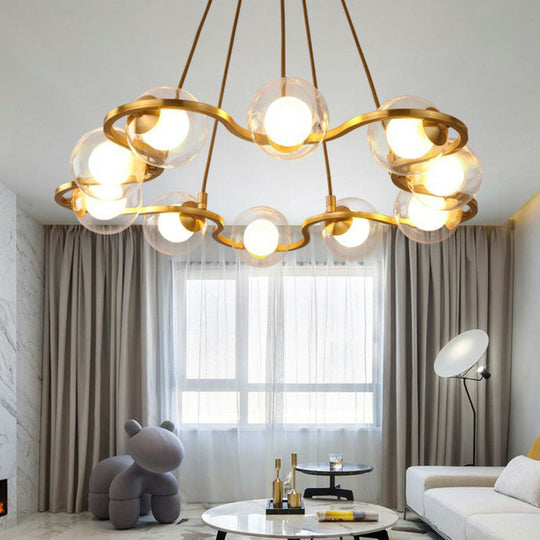 Modern Brass Floral Ring Chandelier With Glass Shade: Ball Metal Hanging Light