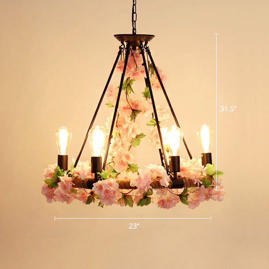 Farmhouse Wagon Wheel Chandelier With Plant Decor For Dining Room 6 / Pink