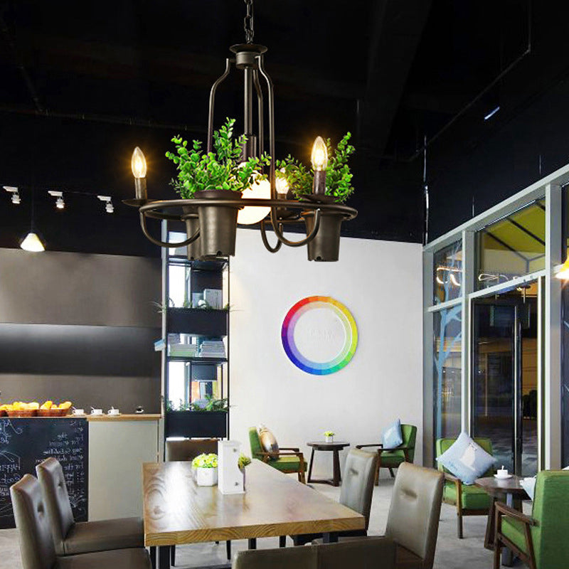 Country Metallic 4-Light Green Pendant Chandelier With Leaf Decoration - Circle Dining Room Light