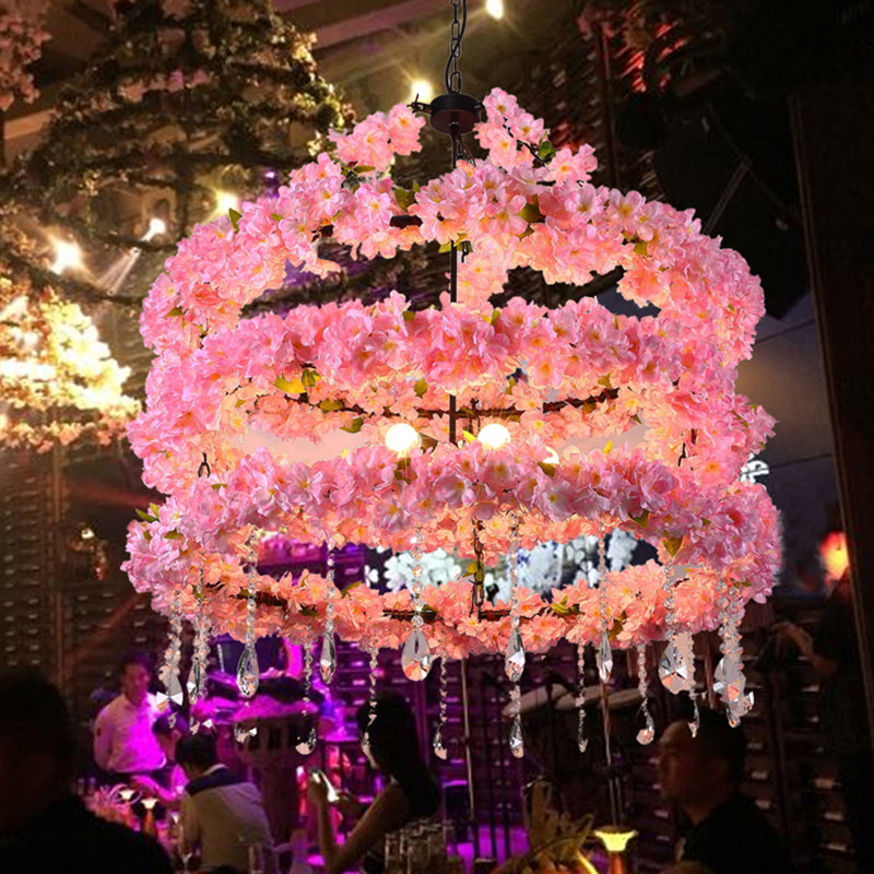 Cherry Wreath Chandelier - 6-Bulb Loft Style Pink Metallic Ceiling Light With Crystal Deco
