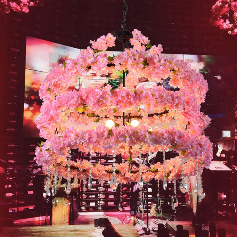 Cherry Wreath Chandelier - 6-Bulb Loft Style Pink Metallic Ceiling Light With Crystal Deco